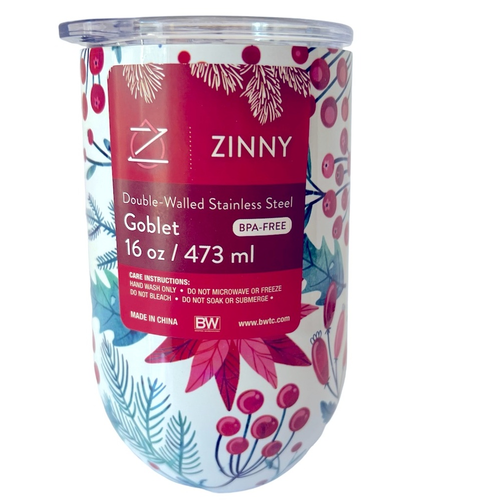 Double-Walled Stainless Steel 16 oz Goblet White/Green/Red Poinsettia Design.